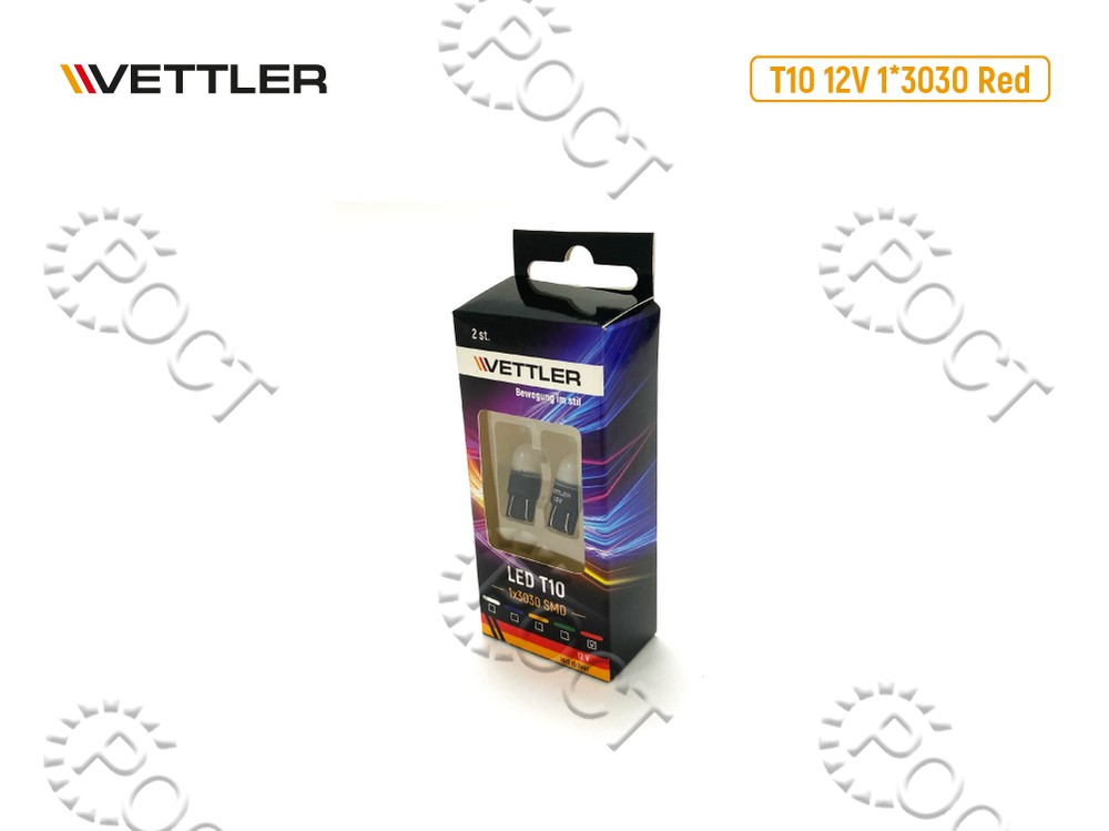 Лампа светодиодная 12 V T10-1*3030 SMD красная повторит, габарит б/цок led driver (к-т 2шт) VETTLER
