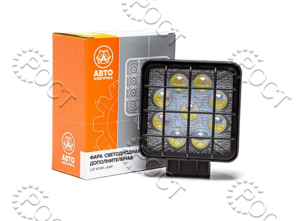 Фара светодиодная дополнительная ( 9 LED) направленный свет (квадратная 110х55х140, 5D-линза, с решеткой) крепление по центру (27Вт, 12/24В)
