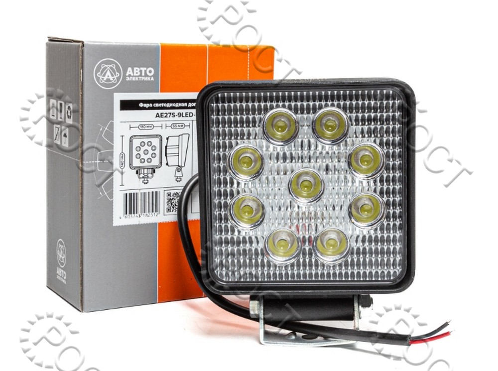Фара светодиодная дополнительная ( 9 LED) рассеянный свет (квадратная 110х55х140) крепление по центру (27Вт, 12/24В)