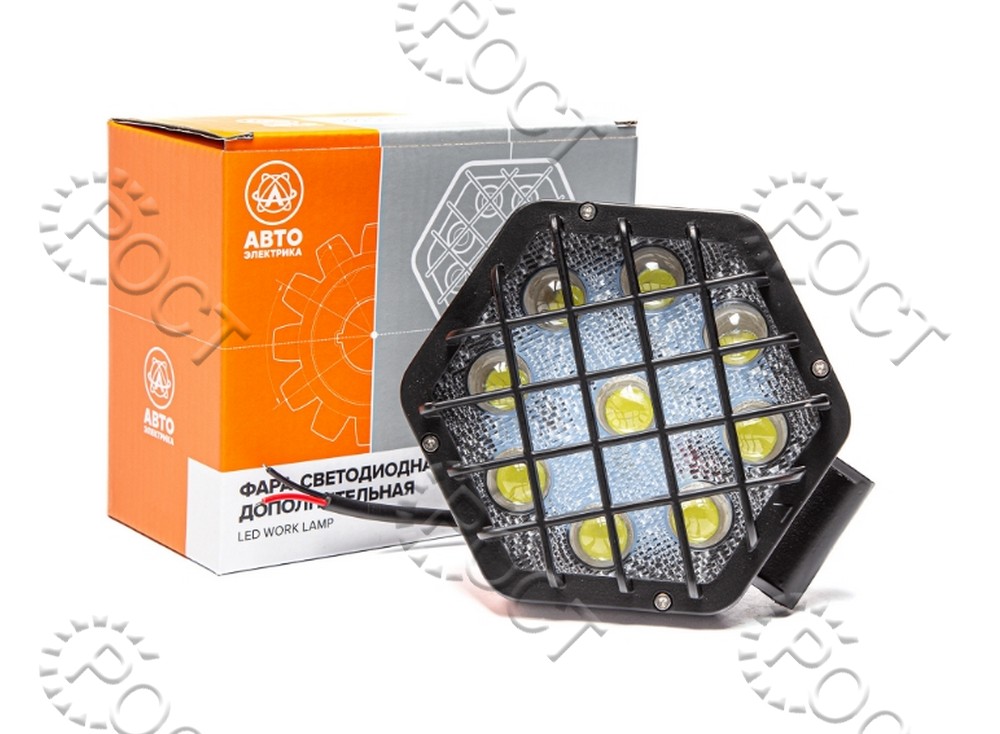 Фара светодиодная дополнительная ( 9 LED) направленный свет (шестиугольная 135*80*165, линзованная, с решеткой) крепление по центру (27Вт, 12/24В)