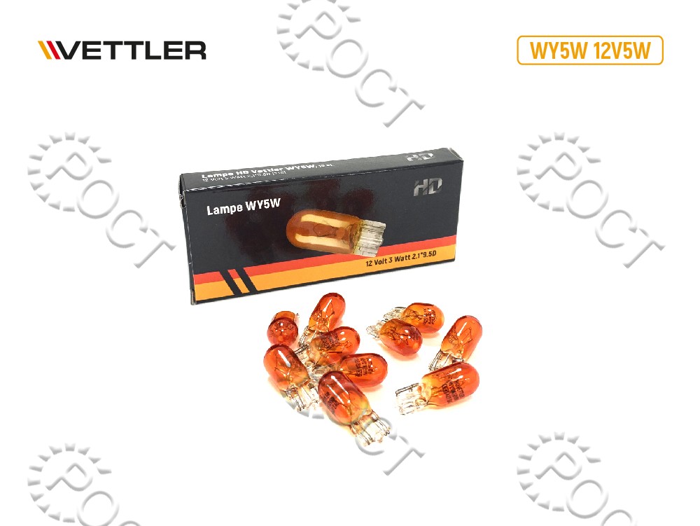 Лампа 12 V  5 W (повторитель) без цоколя W2.1x9.5d (желтая)  VETTLER
