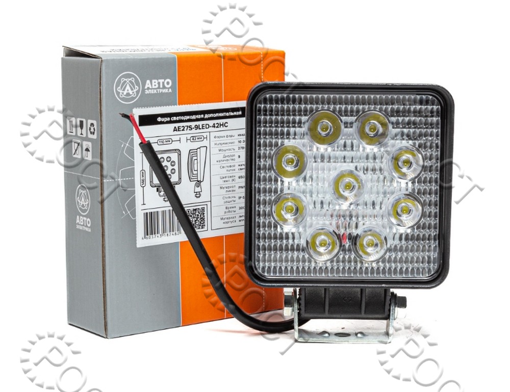 Фара светодиодная дополнительная ( 9 LED) направленный свет (квадратная 110х42х140) крепление по центру (27Вт, 12/24В)