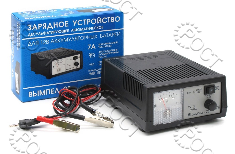 Зарядное устройство для аккумуляторов авто "Вымпел- 28" (десульфатирующее,автомат,0-7А,14.2/14.8В,стрел.амперметр)