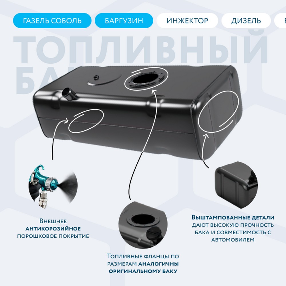 Бак топливный Г-27057, 2217, 22177, 27527 дв.УМЗ (аналог) 70 л.  вместо пластик. (235х380х830) без комплектующих, АНТИКОР