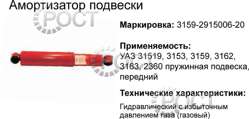 Амортизатор подвески УАЗ-3163 Патриот, 2360 Карго, 2363 Пикап, 3153, 3159, 3162 задний, УАЗ-33036, 39094 перед./зад. (газомасляный) (17864)