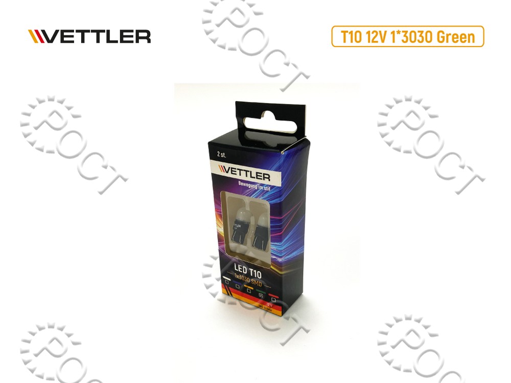 Лампа светодиодная 12 V T10-1*3030 SMD зеленая повторит, габарит б/цок led driver (к-т 2шт) VETTLER