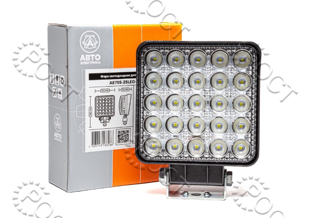 Фара светодиодная дополнительная (25 LED) рассеянный свет (квадратная 110*42*140) крепление по центру (75Вт, 12/24В)